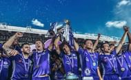 LONDON, ENGLAND - MAY 21: (EDITORS NOTE - Digital filters have been used on this image) Cesc Fabregas, Gary Cahill, David Luiz, John Terry and Cesar Azpilicueta of Chelsea celebrate with the Premier League Trophy after the Premier League match between Chelsea and Sunderland at Stamford Bridge on May 21, 2017 in London, England.  (Photo by Michael Regan/Getty Images)